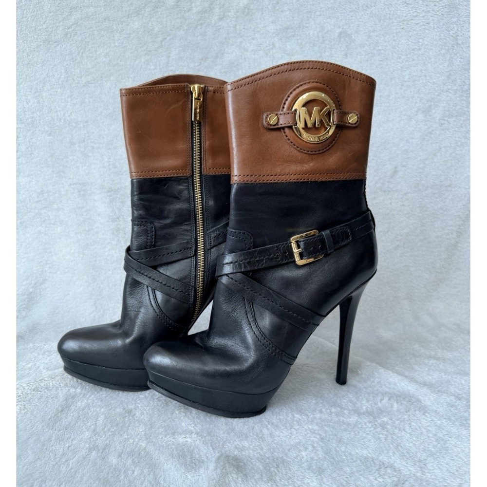 Michael Kors Stockard Two Tone Heel Boots Black Brown Leather Size 8.5